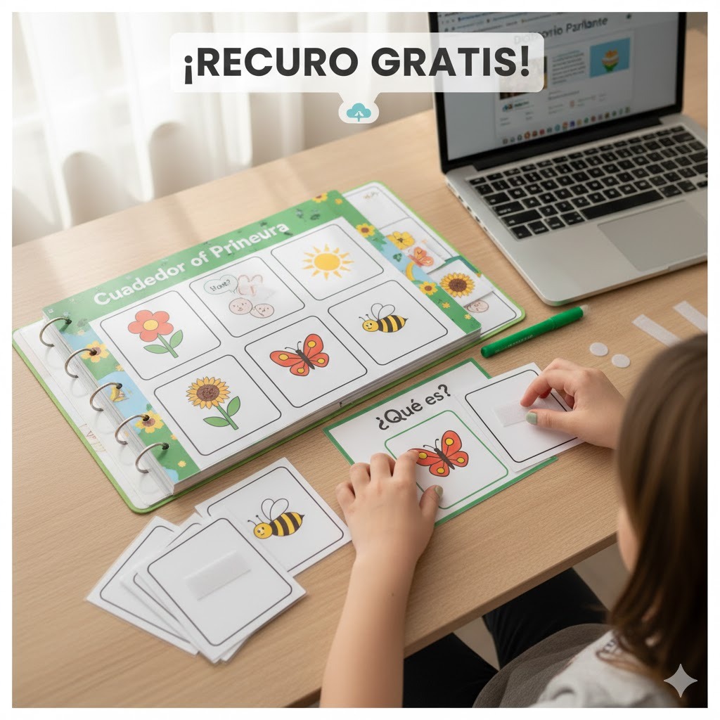 Material manipulativo TEACCH de primavera con pictogramas para niños con TEA y cuadernos de comunicación.