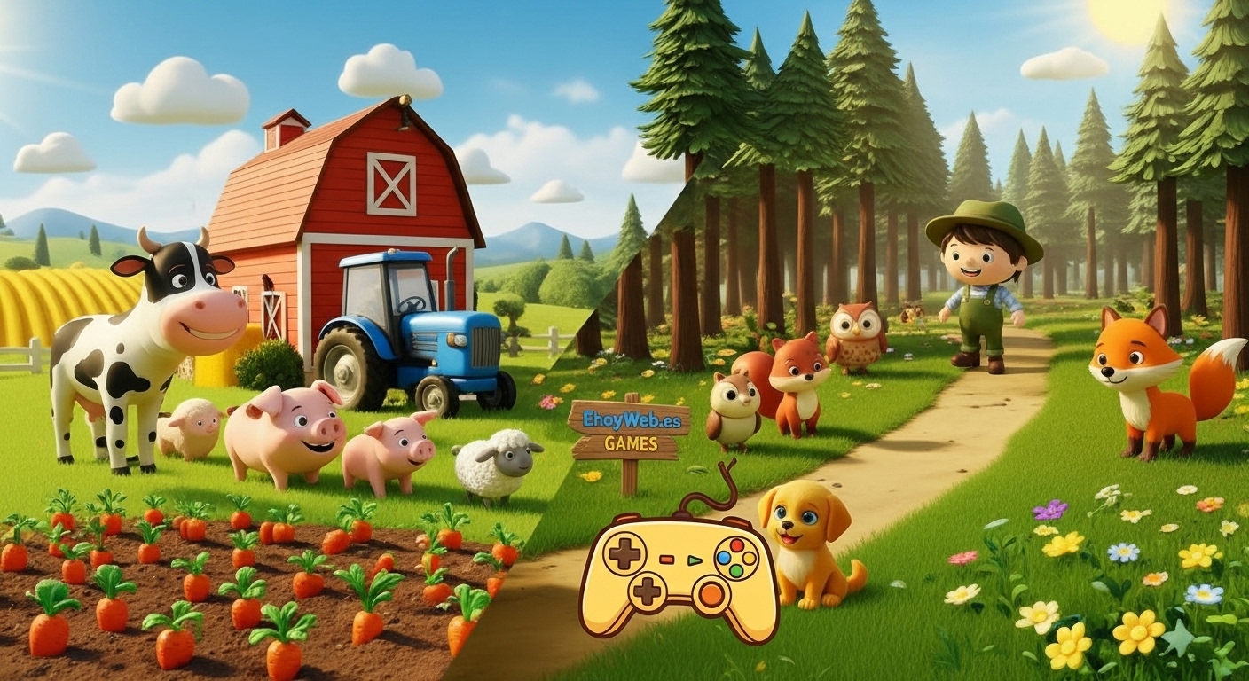 Personajes de ehoyweb con animales de granja, mascotas y bosque en un entorno educativo.